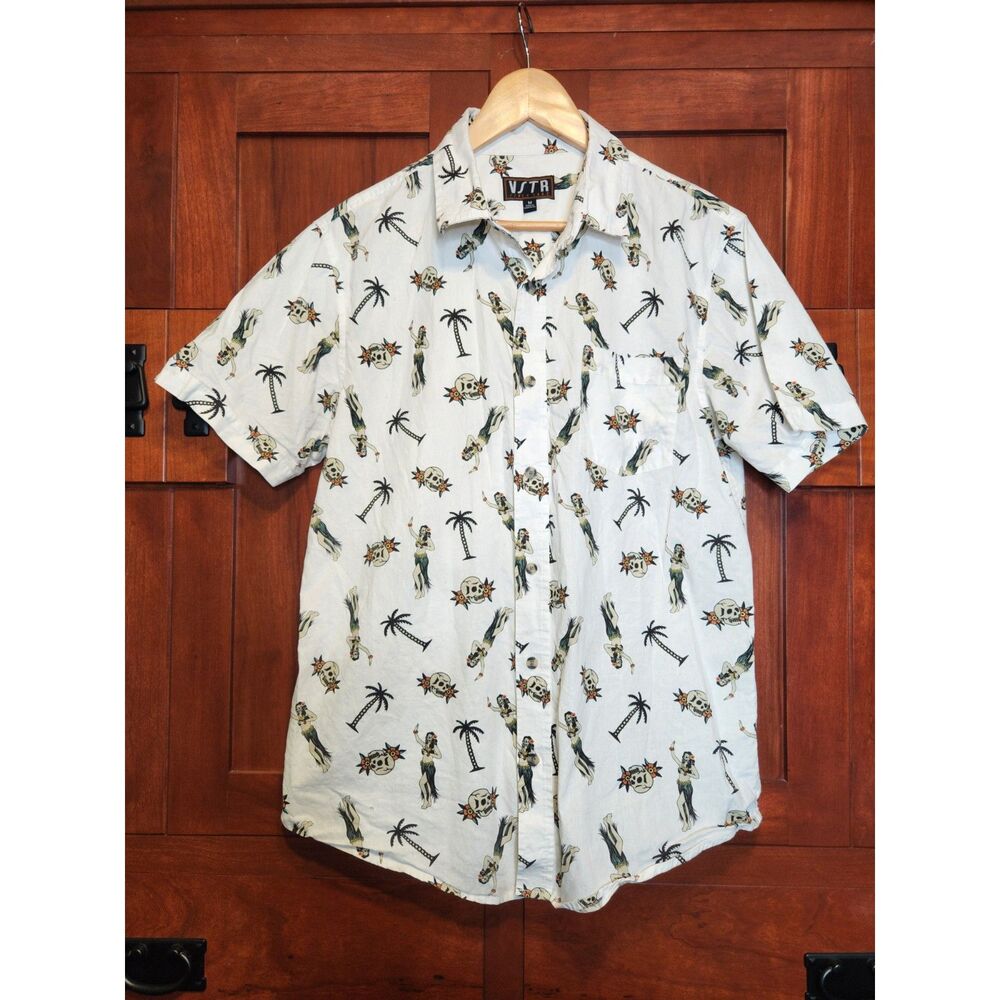 VSTR White Button Down w/ Palm Trees, Skulls, & Skeleton Hula Girls Men's Size M